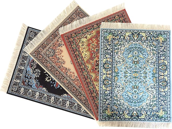 Set of 4 Dollhouse Area Rugs – Miniature Carpet Accessories for Doll Houses, 10 x 7 Inch Rectangular Floor Décor, Oriental Style
