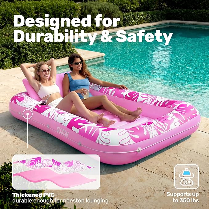 SLOOSH Inflatable Tanning Pool Lounger Float, 85" x 57" Extra Large Pool Floats Adult with Pillow, 4 in 1 Suntan Tub Raft Floatie,Sunbathing Bed Lounge Blow Up Ball Pit Party Gifts, XL-Hot Pink