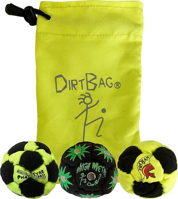DIRTBAG Lover Footbag 3-Pack with Pouch, Includes Three Original and Unique Premium Quality Hand Sewn Footbags and Carry Pouch.