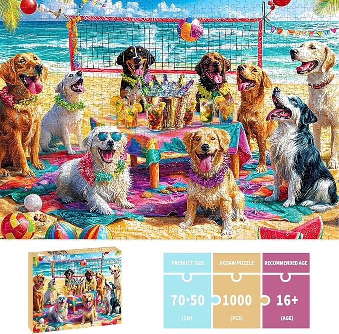 Puzzles for Adults 1000 Pieces, Dog Jigsaw Puzzles 1000 Pieces - Doggo Beach Bash, Party Decor Impossible Puzzle, Finished Size 27.56 * 19.69", with 1:1 Poster, Letter on The Back