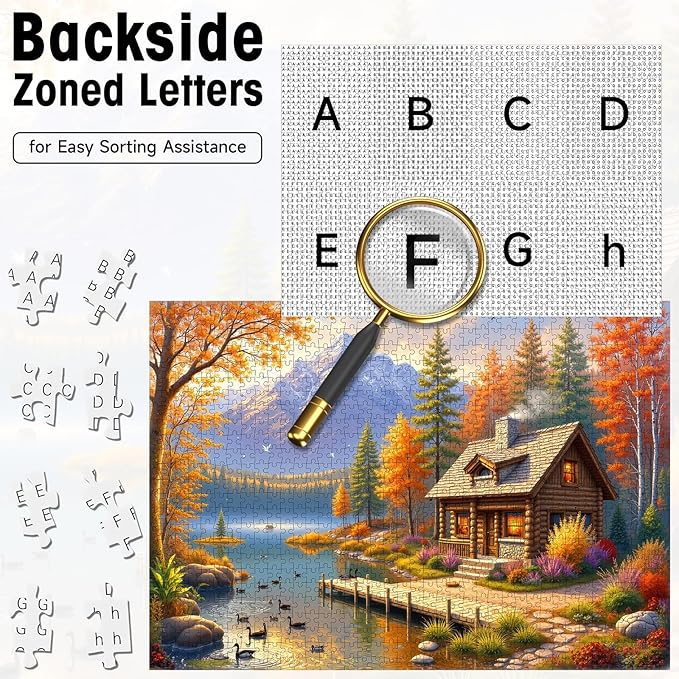 500 Piece Puzzles for Adults, Fall Landscape Jigsaw Puzzle with Letters on Back, Cabin & Mountain Lake Scene, Challenging Game Nights & Home Decor, 20×15 Inch Cardboard