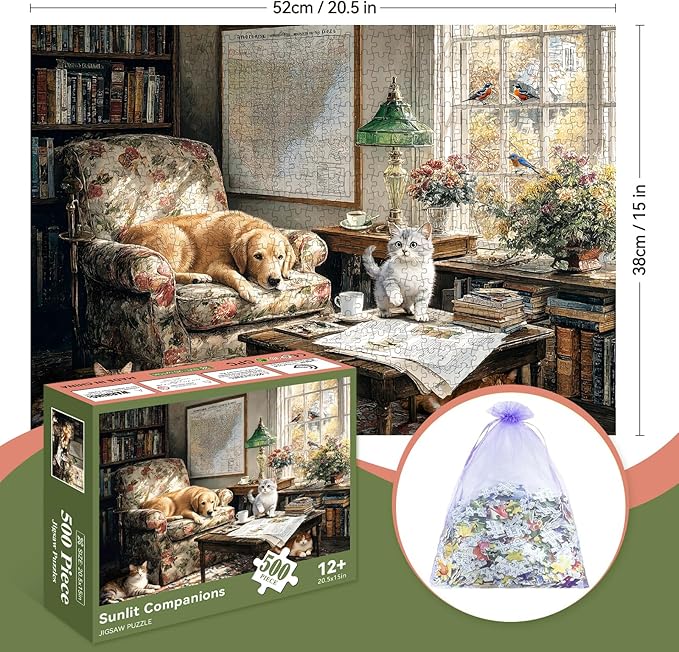 500 Piece Puzzle for Adults – Cats and Dog on Floral Sofa with Birds Jigsaw Puzzle, Challenging Perfect for Game Nights, 20.5 X 15 in