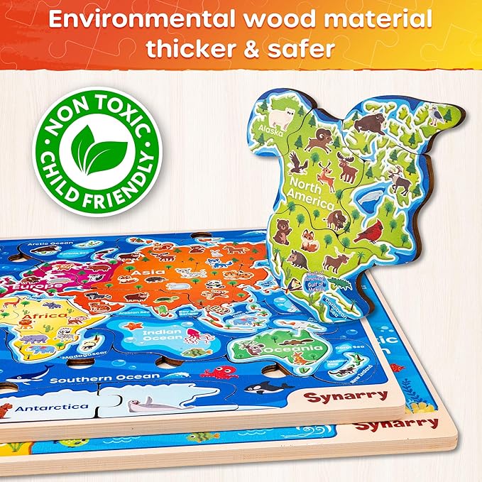 SYNARRY Large USA World Wooden Puzzles for Kids Ages 4-6, Learning United States World Maps Puzzles for Kids Ages 6-8, Wood Jigsaw Puzzles Educational Games Toys for Boys Girls Ages 3-8, Easter Gifts