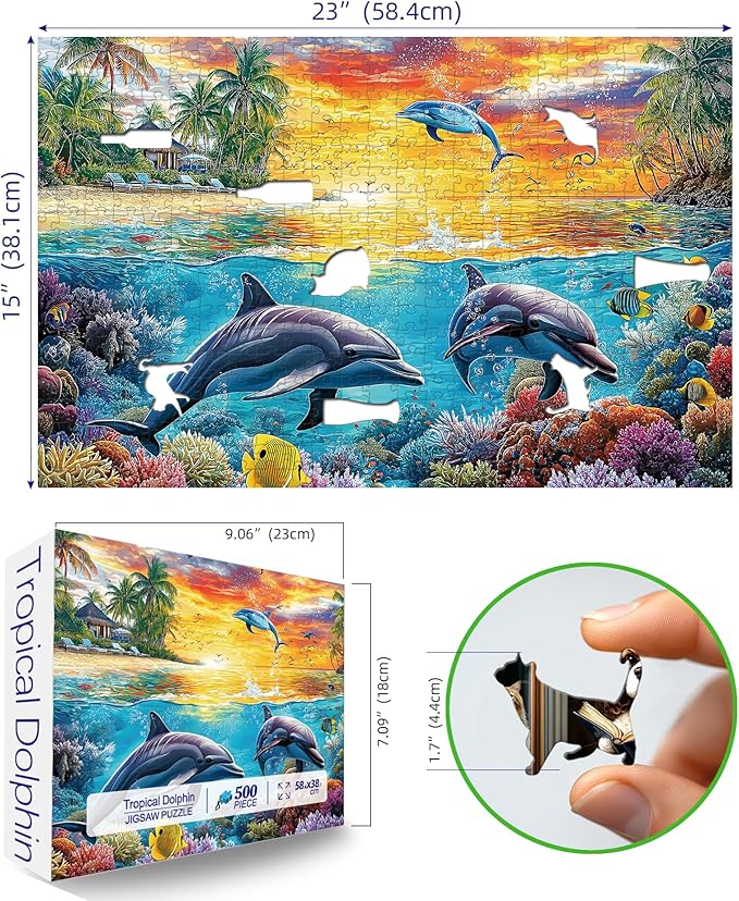Hawaii Dolphins Ocean 500 Piece Puzzles for Adults, Difficult Jigsaw Puzzle Challenging, Art Puzzle for Gift Party Games Family Fun, 23" X 15" Dust Free