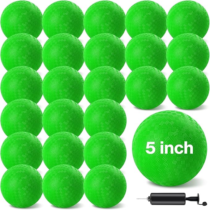24 Pcs Dodgeballs 5 Inch Playground Ball Green Kickball Inflatable Rubber Handball Bouncy Dodge Ball with 1 Hand Pump for Outdoors Ball Games Gym Camps Picnic (Green)