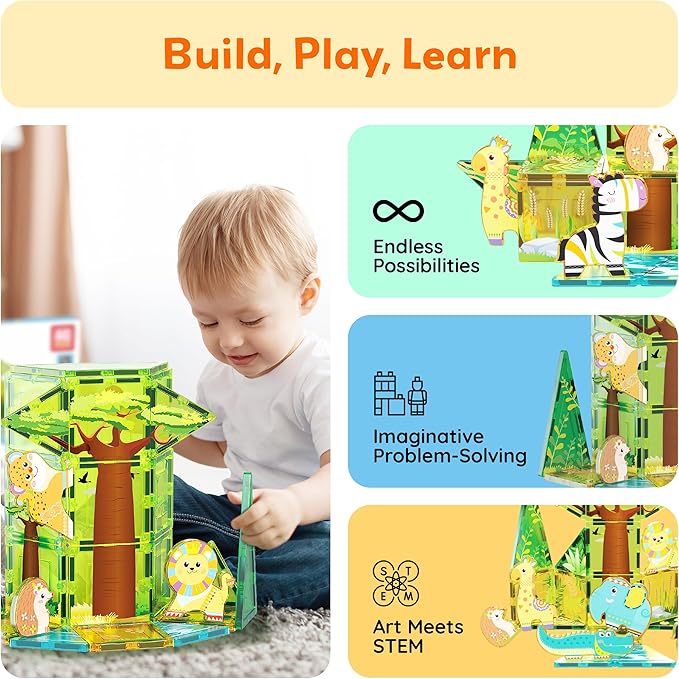 PicassoTiles Magnet Building Blocks 8 Safari Animal Magnetized Action Figures Compatible with Magnetic Assembly Build Tile Toys Accessory Toyset STEAM Educational Learning Girls Boys Ages 3+ PTA22