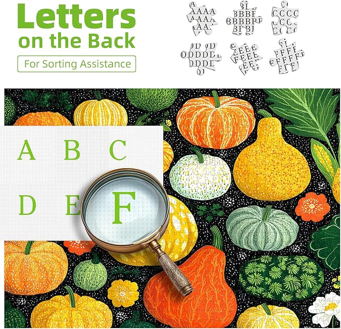 500 Piece Puzzle for Adult Colorful Pumpkins, Gourds & Autumn Squash Fall Vegetables Jigsaw Puzzle- Floral Elements (Flowers/Leaves) Harvest Game, Thick Cardboard, Ideal Gift for Adults
