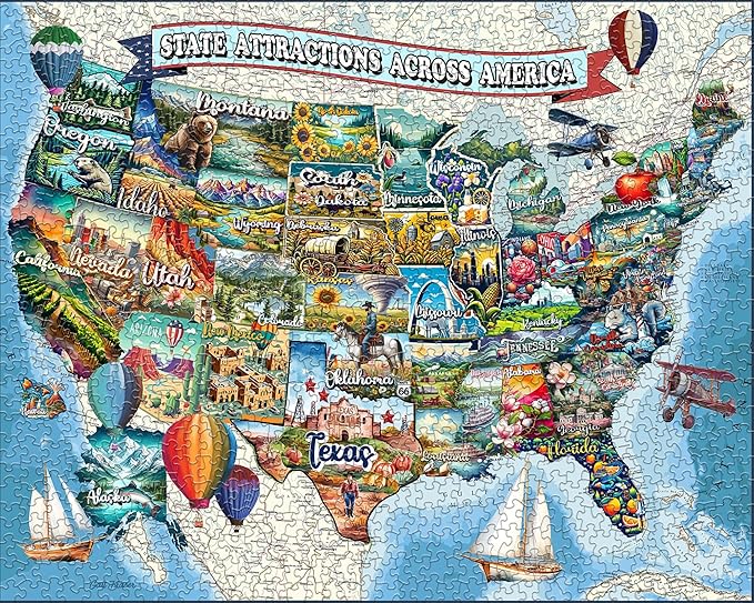 Springbok All American Attractions 1000 Piece Jigsaw Puzzle for Adults - Map of USA - Unique Cut Pieces - Made in USA