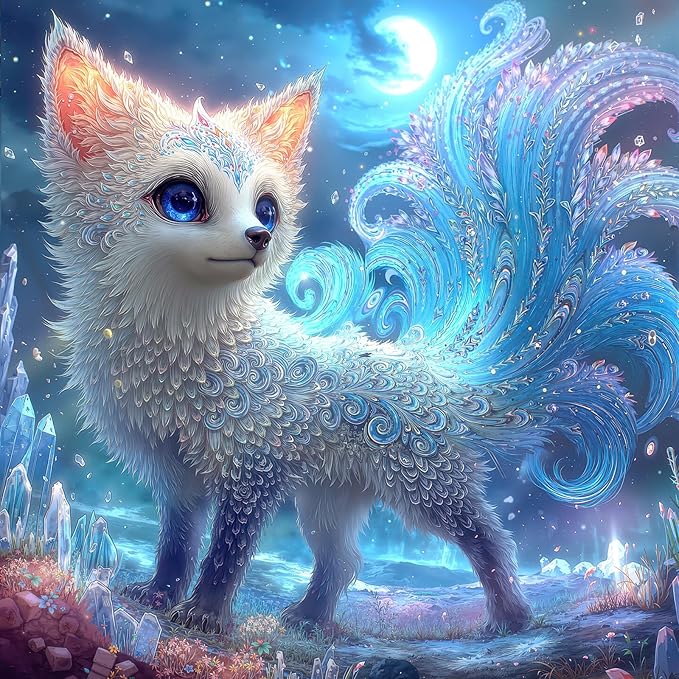 Enchanted Crystal Nine-Tailed Fox 1000 Piece Puzzle for Adults - Fantasy Mythical Creature, Moonlit Forest, Poster & Lettered Back, 22.8" Square HD, Gift for Myth Lovers