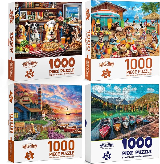 BenBen 1000 Piece Puzzle for Adults, 4 Pack Jigsaw Puzzles with Letters or Patterns on Back, Dogs' Dinner Party, Dogs on Vacation, Sunset Seaside, Fusine Lake Themes