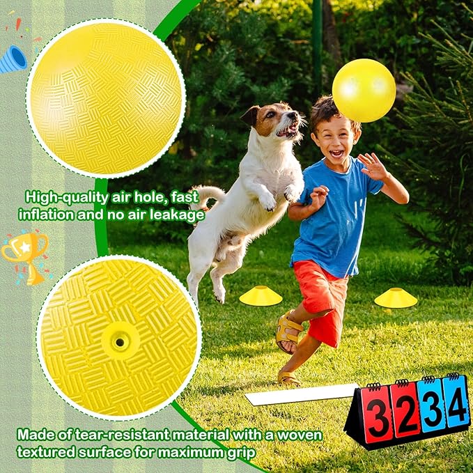 Jenaai 18 Pcs Sports Kickball Set Includes Playground Ball 5 Rubber Throw Down Bases Ball Pump Scoreboard Net Bag 10 Foul Line Cones for Adults Playground Backyard Game(10 Inch,Yellow)
