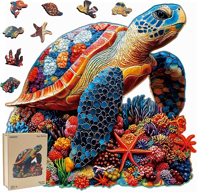 Wooden Jigsaw Puzzles for Adults and Kids, Sea Turtle 200 Piece Unique Shaped Puzzle, Family Game and Creative Wooden Puzzle Gift, Wall Art Decor