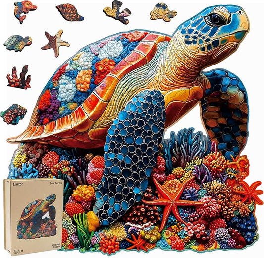 Wooden Jigsaw Puzzles for Adults and Kids, Sea Turtle 200 Piece Unique Shaped Puzzle, Family Game and Creative Wooden Puzzle Gift, Wall Art Decor