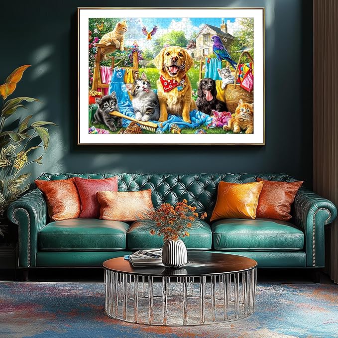 Laundry Day Pets 1000 Piece Jigsaw Puzzle for Adults Colorful Garden Scene with Dogs, Cats and Birds Jigsaw Puzzles, Family & Adult Games for Game Night