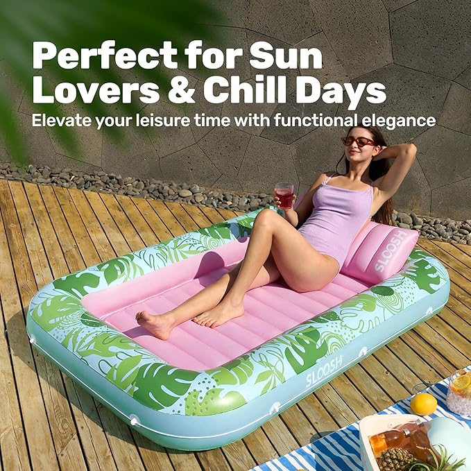 SLOOSH Inflatable Tanning Pool Lounger Float, 70" x 46" Pool Floats Adult with Pillow, 4 in 1 Suntan Tub Raft Floatie,Sunbathing Bed Lounge for Water Blow Up Kids Ball Pit Party Gifts, L-Cyan Pink
