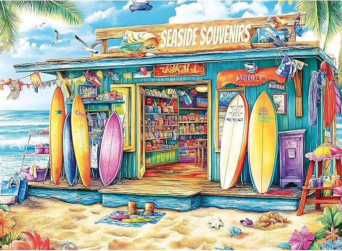 500 Piece Puzzles for Adults, Summer Seaside Souvenir Shop Jigsaw Puzzle with Surfboards, Adult Jigsaw Puzzle for Relaxation and Gift, Coastal Scene Puzzle Game for Adults, 20.5" x 15"
