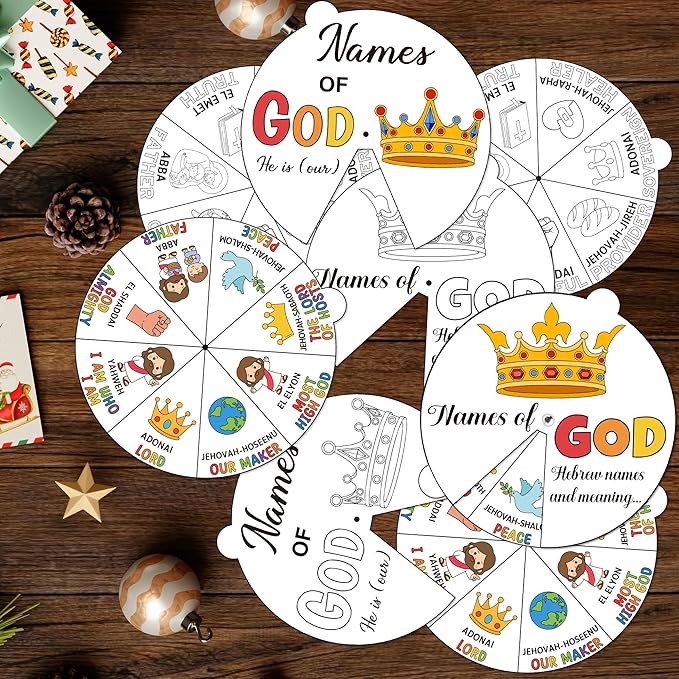 COcnny Religious Christian Craft for Kids - 24 Sets Color Your Own God’s Name Art Craft Cards, DIY Coloring God Wheel Paper Kit for Church Sunday School Home Class Bible VBS Activities