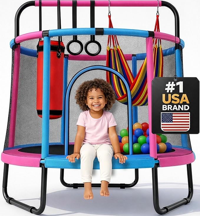 Happin® 55’’ Trampoline for Kids with Safety Enclosure, Indoor & Outdoor Toddler Trampoline, Ultra Safe Design with Multi Activity Accessories, Perfect Toddler Gift for Boys & Girls Ages 1–8