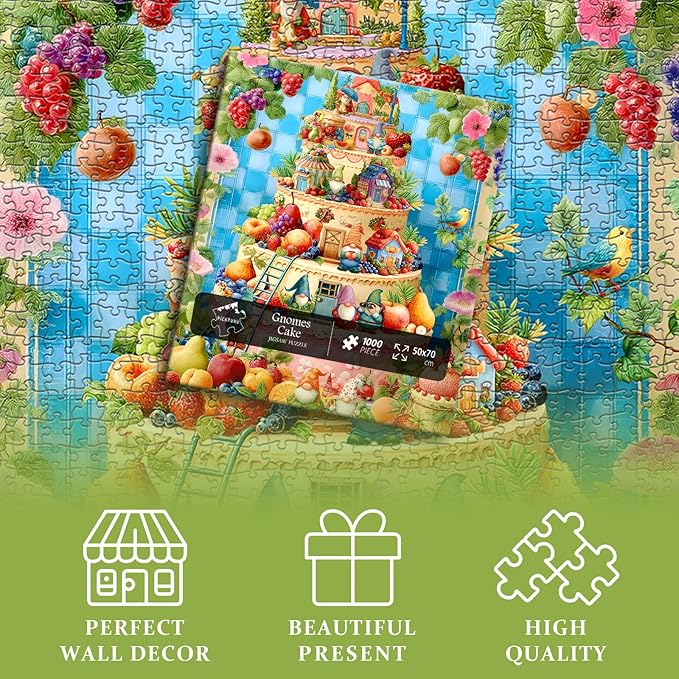 Funny Gnome Puzzles for Adults 1000 Pieces, Cute Gnomes Cake Food Fruit Flower Puzzle, Colorful Floral Challenge Jigsaw Puzzle
