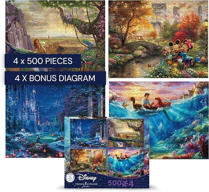 Ceaco - 4 in 1 Multipack - Thomas Kinkade - Disney Dreams Collection - Cinderella, The Lion King, Mickey and Minnie, & The Little Mermaid - (4) 500 Piece Jigsaw Puzzles , Blue