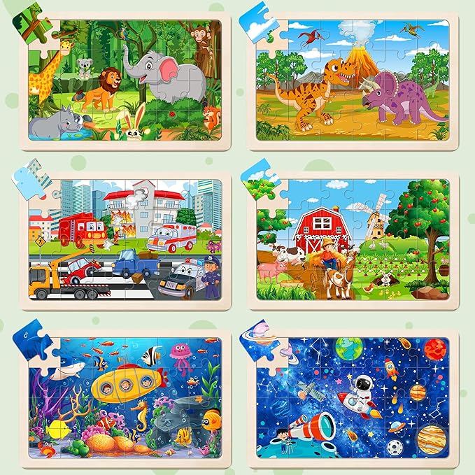 6 Packs Puzzles for Kids Ages 4-6,24Pcs Wooden Puzzles for Kids Ages 3-5,Dinosaur Animals Vehicle Space Farm Jigsaw Puzzles,Preschool Educational Toys Gifts for Children Ages 3+Year Olds Boys Girls