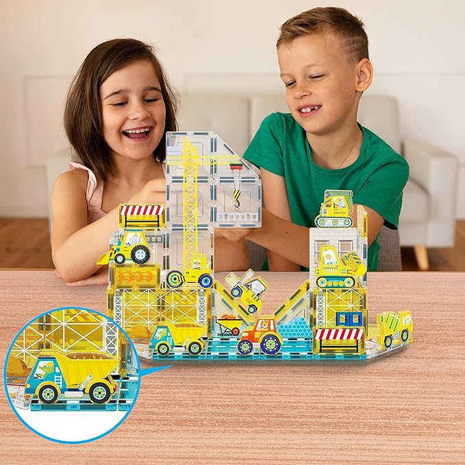 PicassoTiles Magnetic Tile Building Blocks Add On 8 Magnetized Action Figures Construction Vehicles & Zoo Animal Theme Compatible with Magnet Tiles Sets STEM Learning Toy for Boys & Girls Age 3+ PTA21