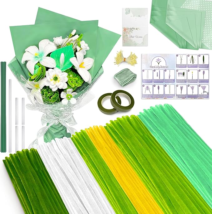 LINAYE 500 PCS Pipe Cleaners Craft, 6 Colors Pipe Cleaners Flowers Kit, Chenille Stems for Crafts with Instruction Wrapping Paper, Flower Stamens, Stems Art and Craft Supplies Green
