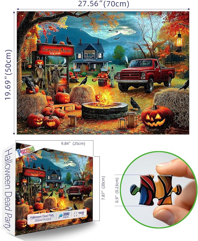 Halloween 1000 Piece Puzzle for Adults, Halloween Jigsaw Puzzle Autumn Fall Horror Spooky Scarecrow Heaven Scene with Pumpkin Lanterns & Ghost Truck for Party Game, Family Fun