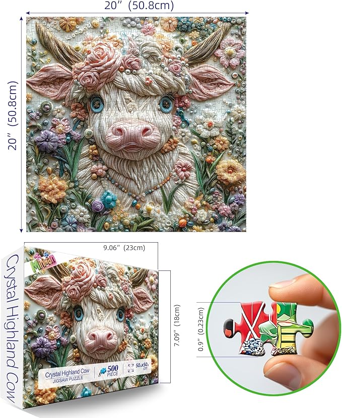 MINIWAN 500 Piece Puzzles for Adults - Quilling Art Highland Cow Floral Jigsaw Puzzle, 20x20 Inches 3D Effect Large Piece Art Puzzle for Relaxation & Home Wall Decor