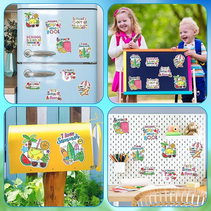 Dvbonike 30 Packs Summer End of The School Year Coloring Craft Kit with Magnet - Color Your Own Beach Magnets Card Set DIY Fridge Refrigerator Decor Home Party Gift Classroom Art Activity Supplies
