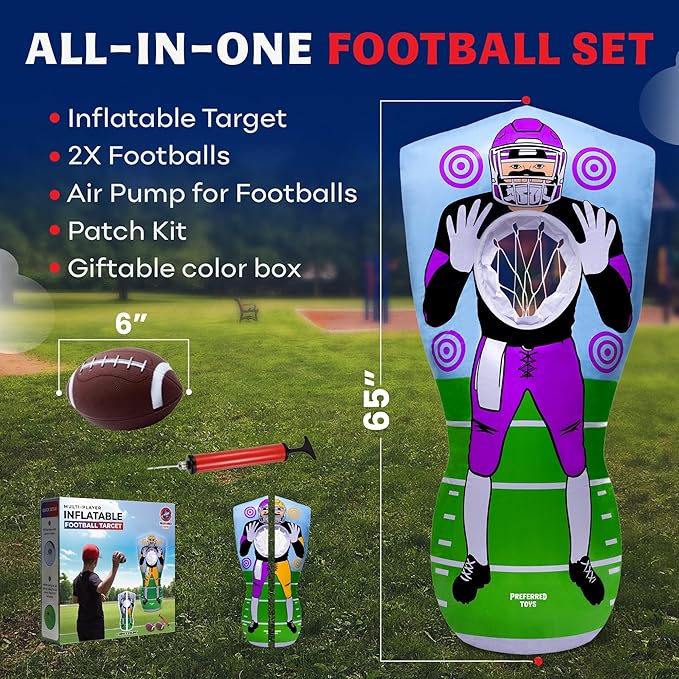 65” Inflatable Football Target Net Toss Game - Double-Sided Throwing Practice Football Stuff with Mini Balls - Backyard Tailgate Party Sports Toy for Kids & Adults