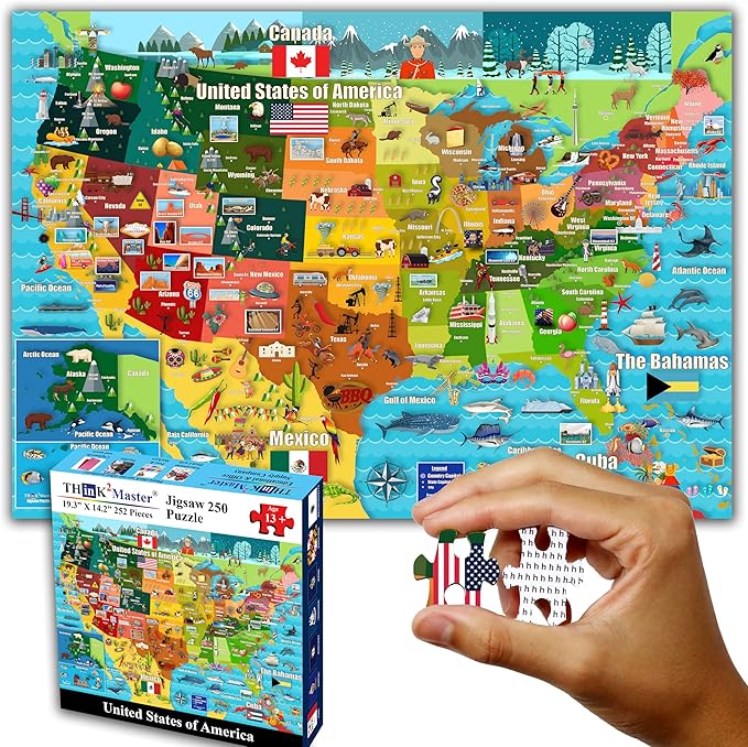 Think2Master United States Map 250 Pieces Jigsaw Puzzle. Great Gift for Adults & Seniors. Easier to Handle Larger Pieces. Size: 14.2” X 19.3”