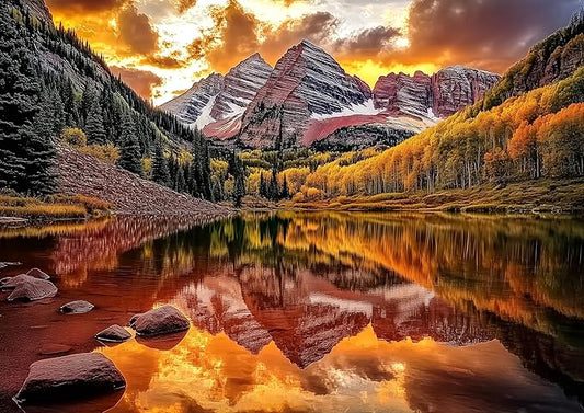 1000 Piece Maroon Lake Puzzle for Adults, Colorado Mountain Lake Landscape with Autumn Foliage and Sunset, 27.56x19.69 Inches Scenic Nature Artwork, Stress Relief & Home Decor, Entertaining Challenge