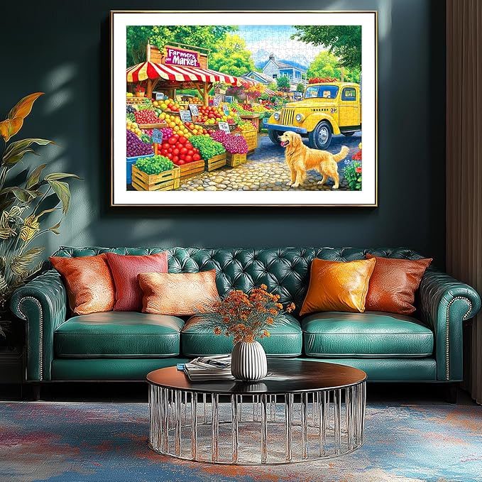 Farmers Market Jigsaw Puzzle 500 Pieces for Adults Colorful Fruits Vegetables Puzzles with Letters on Back Vibrant Cozy Countryside Scene Fun Family Puzzle for Seniors