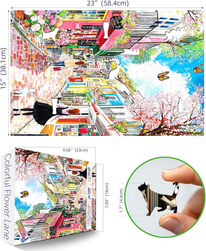 Spring Cherry Blossom Street 500 Piece Jigsaw Puzzles for Adults Colorful European Scene Pink Town Jigsaw Puzzles with Letters on Back for Perfect Family Challenge Game Nights (23"X15")