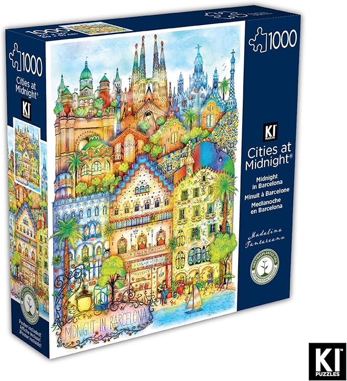 Hard & Challenging 1000 Piece Puzzle for Adults – Barcelona at Midnight by Madalina Tantareanu – Features Sagrada Familia, Park Güell, Casa Batlló – Difficult 27x20 Jigsaw by KI Puzzles