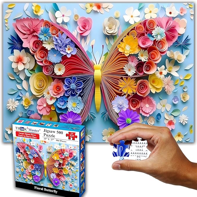 Think2Master Colorful Vibrant Flower Butterfly 500 Pieces Large Format Jigsaw Puzzle: 13+, Teens, Adults & Families. Paper Art High Resolution. Great Gift. Size: 26.8” X 18.9”