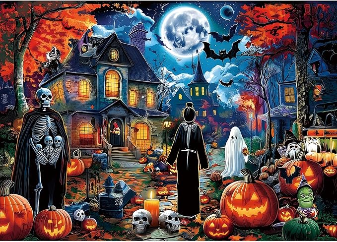 Halloween 1000 Pieces Puzzles for Adults, Halloween Night Horror House Spooky Skeletons and Ghosts Jigsaw Puzzle with Pumpkins for Holiday Party Game, Decor, Gifts (27.5" x 19.7")
