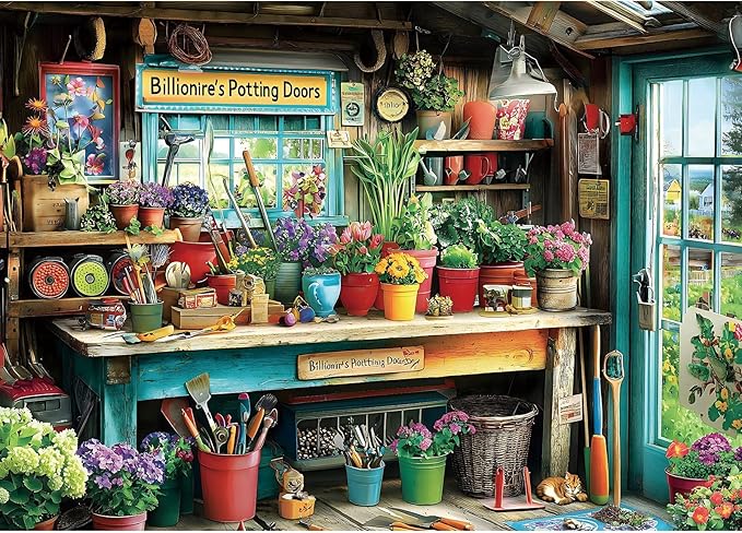 MINIWAN Billionaire's Potting Shed Garden Puzzles for Adults 1000 Pieces, Cozy Gardener's Workbench with Flowers Cat Jigsaw Puzzle, Gift for Garden & Cottagecore Lovers 27.5x19.7 Inch