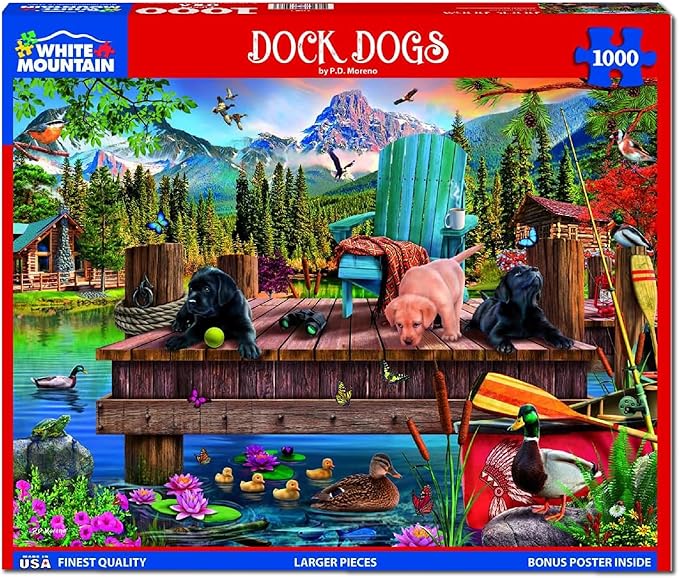 White Mountain 1000 Piece Jigsaw Puzzle Summer Dog Lake Day Puzzles with Large Piece for Adults and Family 24"x30" - Dock Dogs