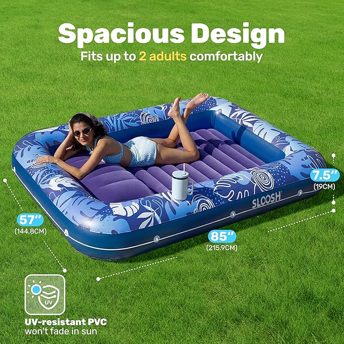 SLOOSH Inflatable Tanning Pool Lounger Float, 85" x 57" Extra Large Pool Floats Adult with Pillow, 4 in 1 Suntan Tub Raft Floatie,Sunbathing Bed Lounge for Water Blow Up Ball Pit, XL-Dark Blue