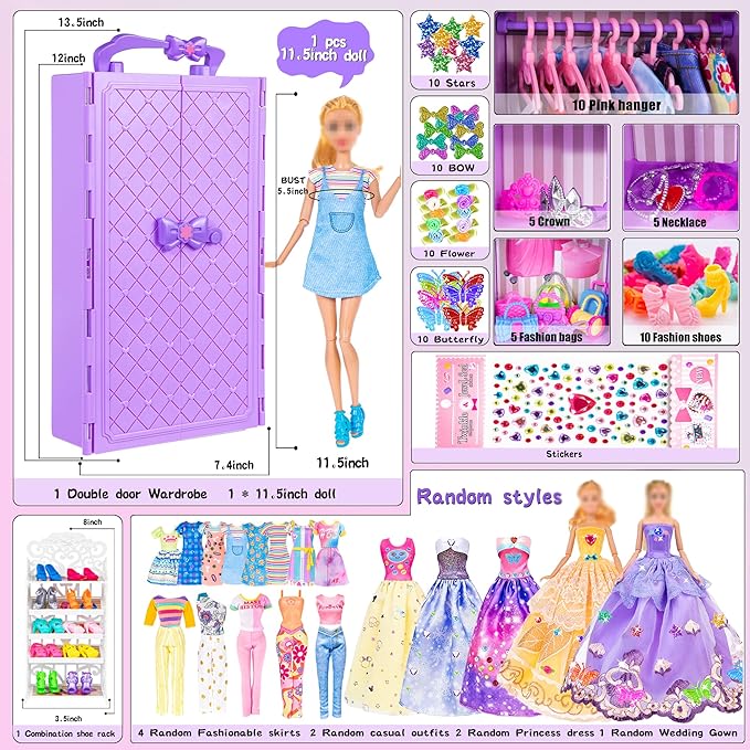 iBayda 91pcs 11.5 Inch Girl Doll with Clothes, Accessories and Closet - Princess Gowns, Fashion Dresses, Outfits, Swimsuits, Shoes, Hangers - Dress Up Toys for Girls, Kids, Toddlers (Doll Included)