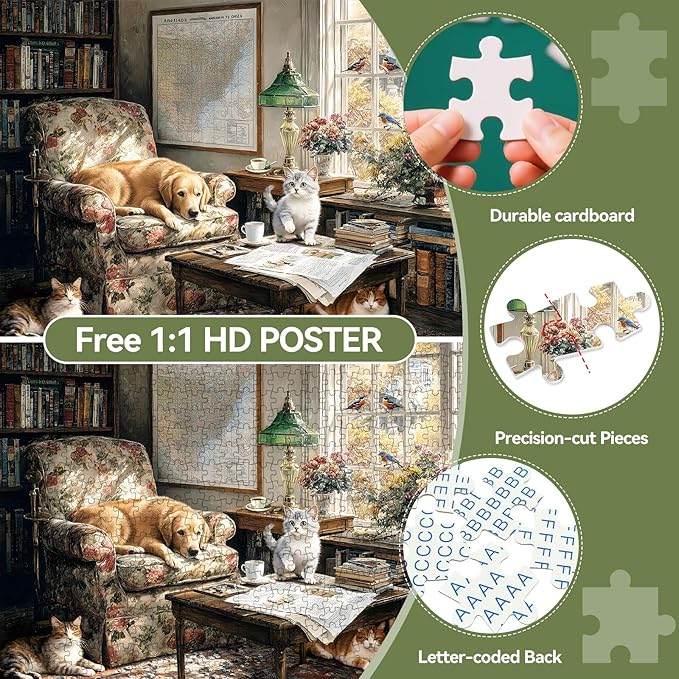 500 Piece Puzzle for Adults – Cats and Dog on Floral Sofa with Birds Jigsaw Puzzle, Challenging Perfect for Game Nights, 20.5 X 15 in
