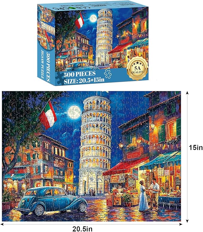 500 Piece Puzzles for Adults,Evening in Pisa Puzzle,Recycled Cardboard Jigsaw Puzzles 500 Pieces for Adult,Challenging Family Activity Great Gift Idea,Italy Street Leaning Tower Puzzles 20.5x15 in