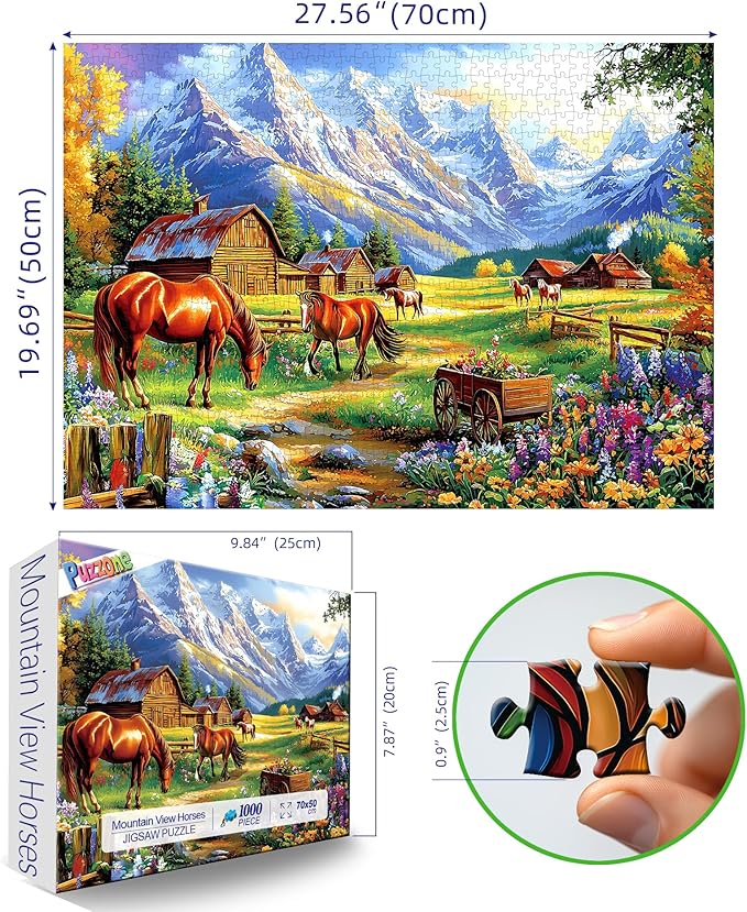 1000 Pieces Jigsaw Puzzles for Adults, Mountain Landscape Puzzles with Grazing Horses and Log Cabin for Adults and Teens Family Challenging for Game Nights (27.5 x 19.7 Inch)