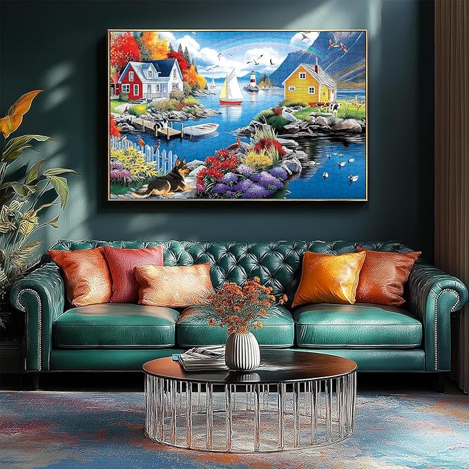 300 Piece Puzzles for Adults, 300 Piece Puzzles for Adults Large Piece, Village Lighthouse Dog Bird Rainbow Jigsaw Puzzle, Challenging Puzzle Perfect for Game Nights, 20.5 X 15 in