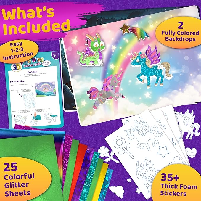 stargo 2 Pack – Foil Art Kit for Kids, Fun Craft Set with Stickers & Foil Sheets – Creative Arts & Crafts Activities for Gifts, Birthday Party, Girls, Boys Ages 4-8, 4-6, 5 6 7 8