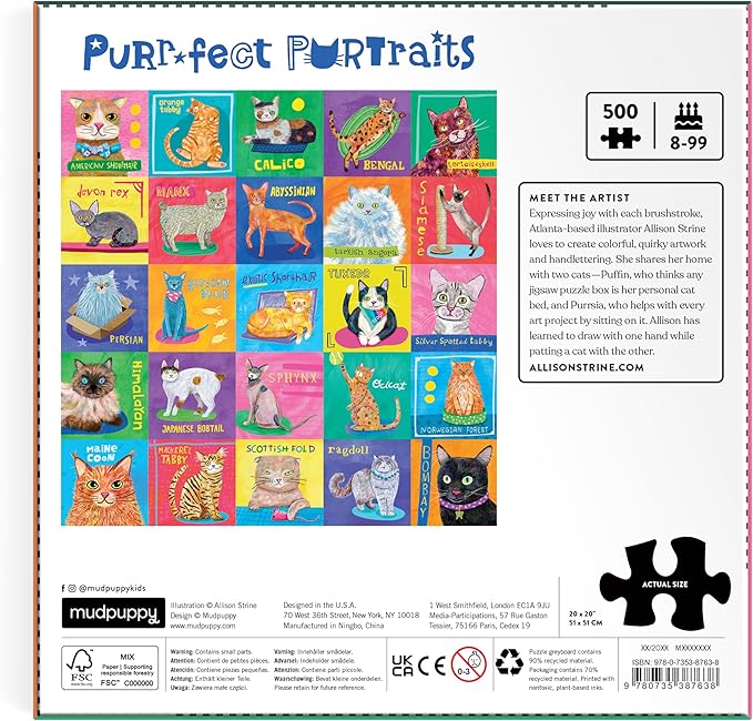 Mudpuppy Purr-FECT Portraits! – 500 Piece Family Jigsaw Puzzle with Colorful and Fun Illustrations of A Variety of Cats for Children Ages 8 and Up