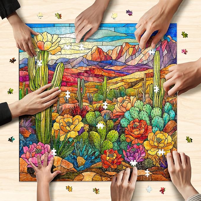 Stained Glass Cactus Jigsaw Puzzles for Adults 1000 Pieces, Difficult Puzzles Perfect for Game Night, Great Gift Idea, Size 24x24 in