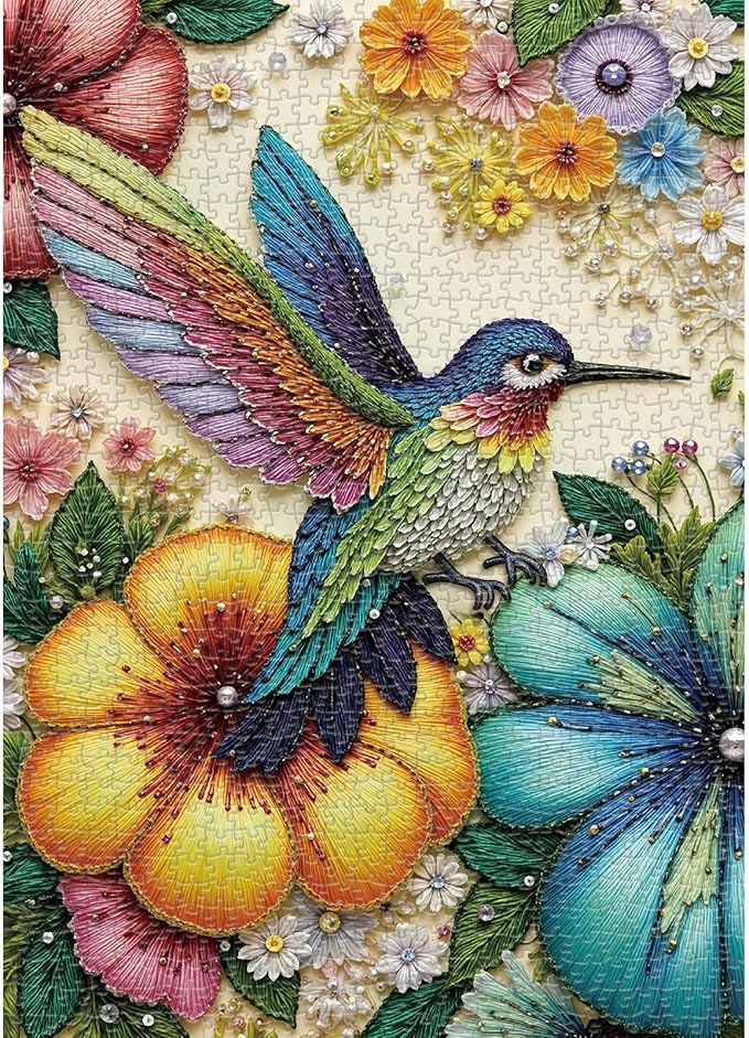Beaded Hummingbird 1000 piece Puzzle for Adults, Sutinban Hummingbird Floral Jigsaw Puzzles, Nature Jewel Art Impossible Puzzle 1000 Pieces, Colorful Challenging Puzzles for Adults and Family Senior